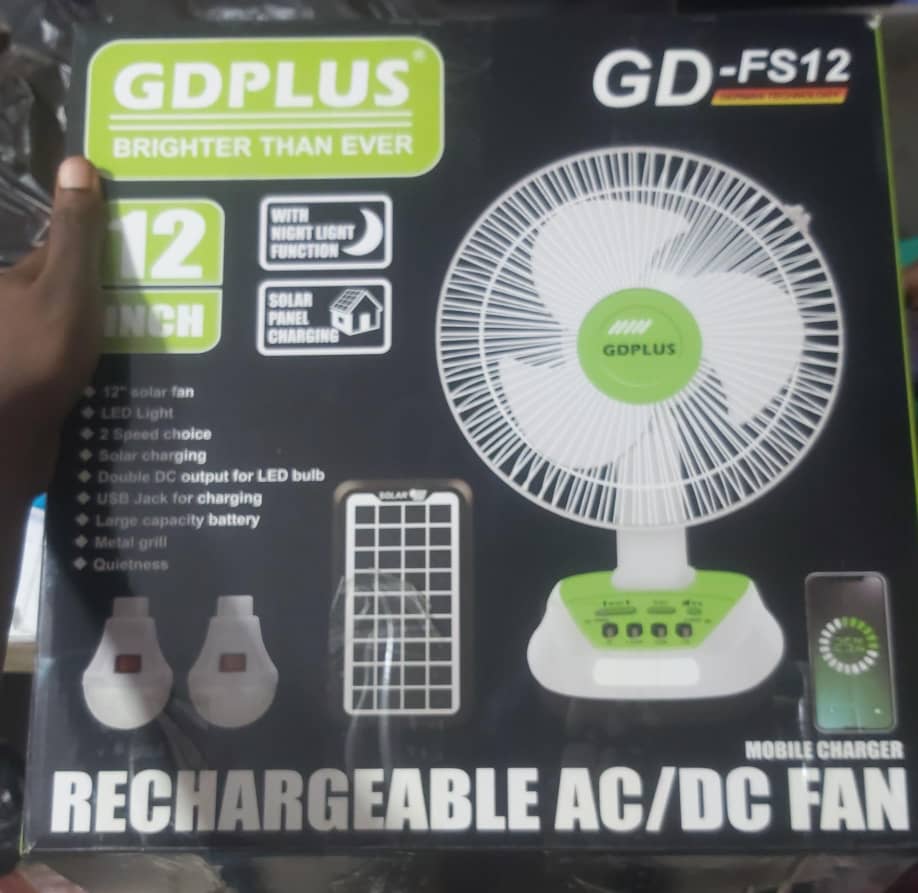 12″ GDPLUS solar/rechargeable fan